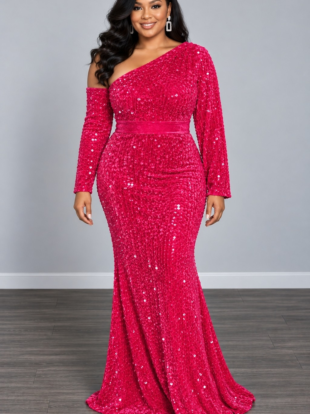 Elegant One-Shoulder Sequin Gown - Hot Pink
